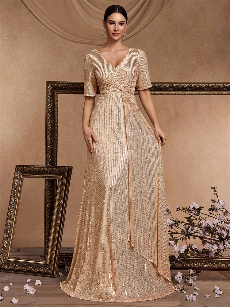 Floor Length V-Neck Evening Dress Women Elegant Party Maxi Sequin Short Sleeves Prom Cocktail Graduation Dress 250520
