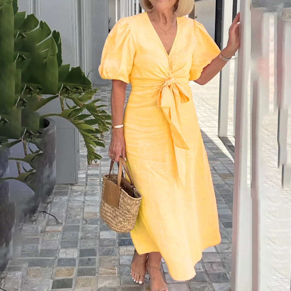 Plus Size Womens Solid Elegant V-Neck Lace-Up Puff Sleeve Maxi Dress Summer Casual Beach Sundress for Ladies XL 2XL 3XL 4XL 5XL 250520