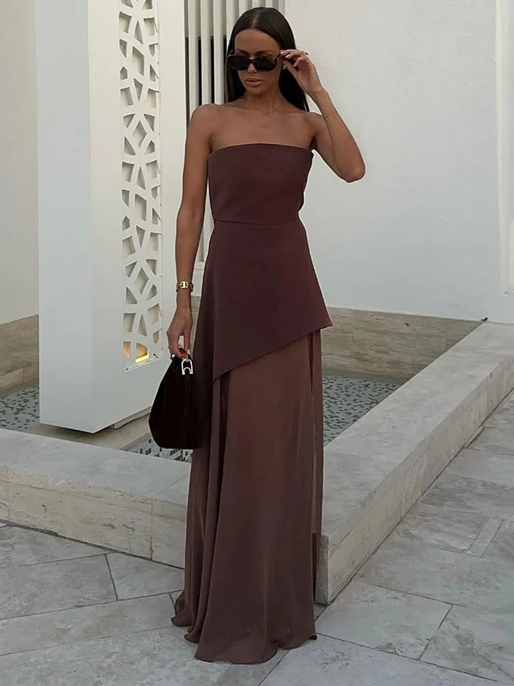 TARUXY Fashion Strapless Dress With Ribbon Female Elegant Sleeveless Mesh Beach Vacation Long Dress Spring Women Dress 250519