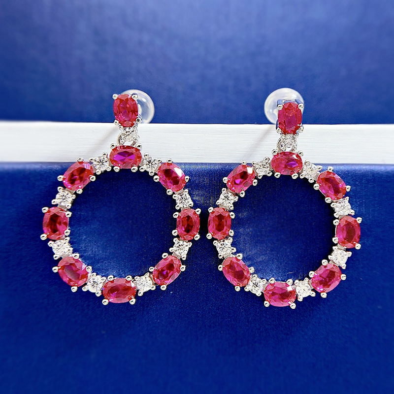 Exquisite S925 Sterling Silver Earrings with Oval Red Ruby & High-Carbon Diamonds - Elegant Dazzling Design
