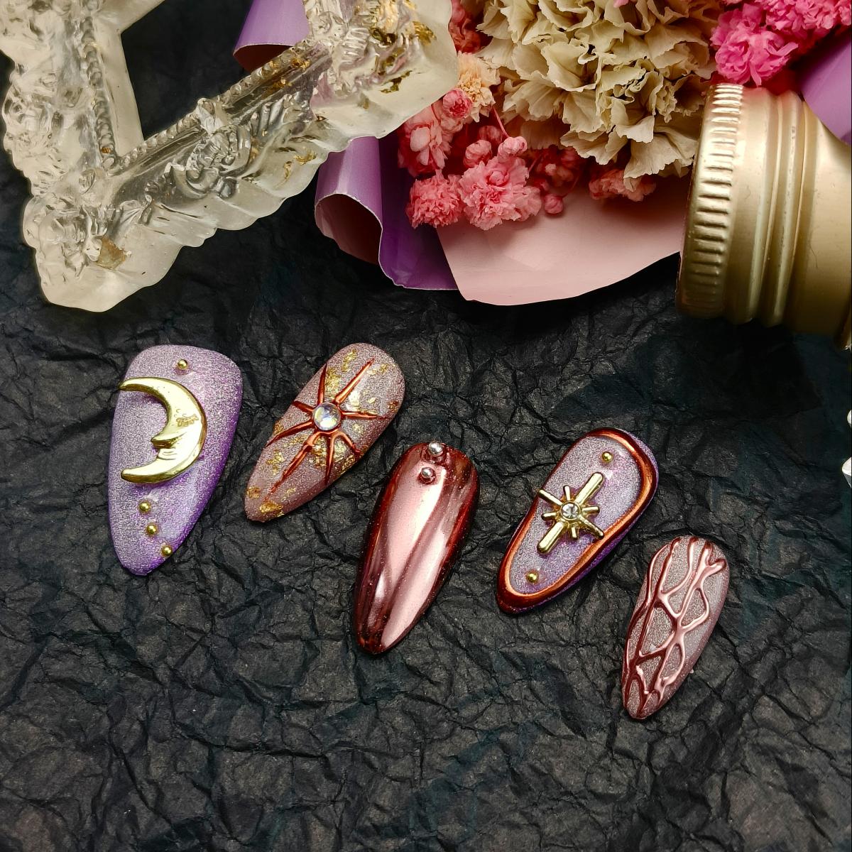 10pcs 3D Hand drawn Handmade Press-on nails Medium Almond Nails Bundle Celestial Collection 3D Stars Moon Finished nail stickers Free storage box jell