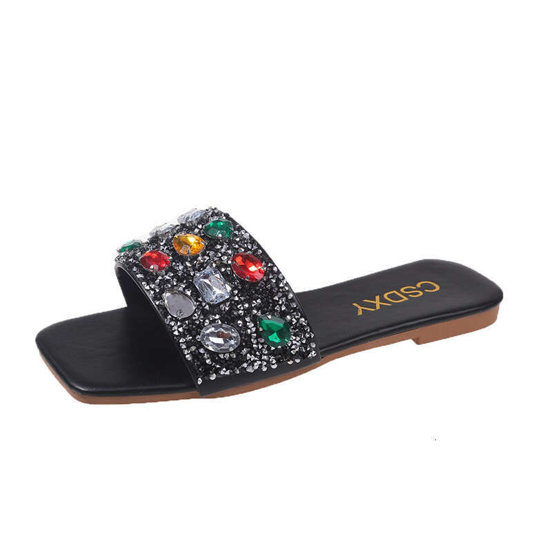 Designer Sandals Colored Gemstone One Word Casual Sandals Flat Slippers 2025 Summer Outdoor Fashion Beach Slippers