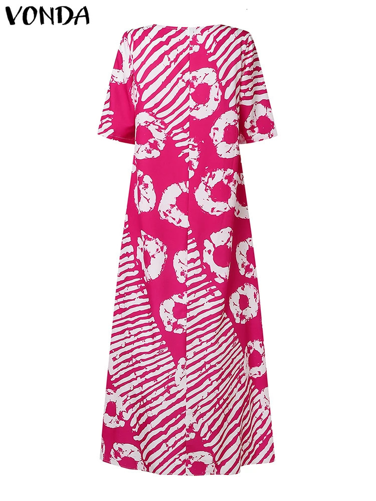 Plus Size Women Bohemian Maxi Dress Summer Printed Long Sundress VONDA Beach Party Vestidos Half Sleeve Casual Loose Robe 250519