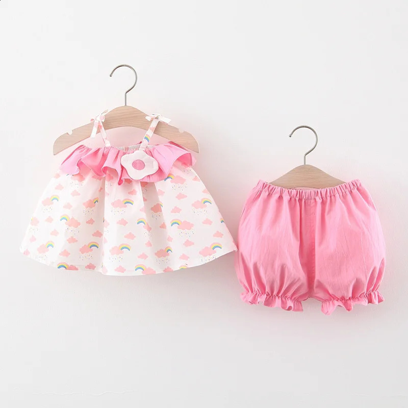 Summer 2piece set for girls baby top and shorts girl solid color lace cartoon rainbow cloud print suspender 250517z
