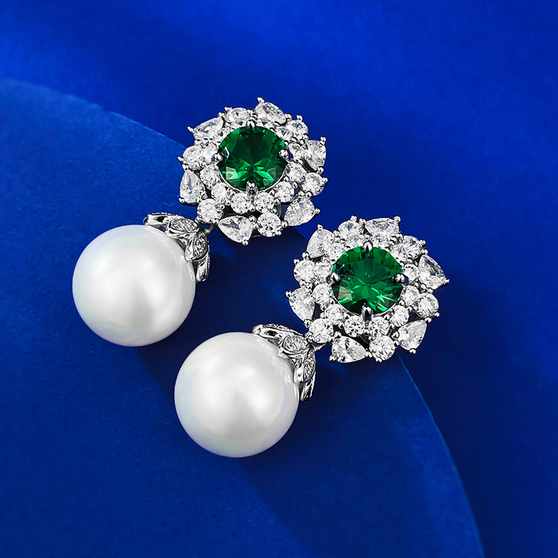 Elegant 925 Sterling Silver Synthetic Emerald & Pearl Stud Earrings - Timeless Luxury Design