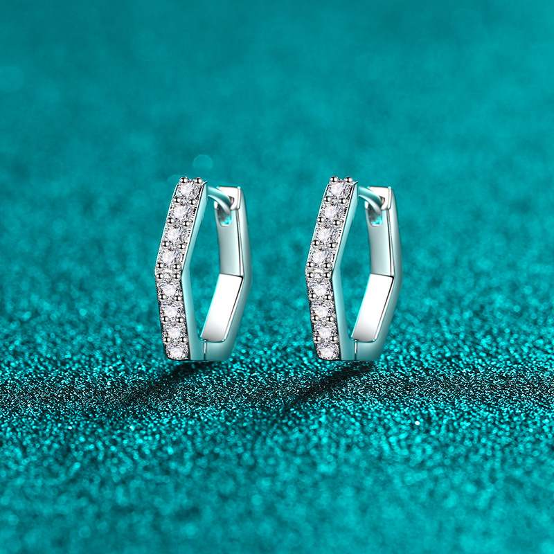 S925 Silver Hexagonal Moissanite Earrings with Simple Diamond Pave for Women | Elegant Minimalist Studs for Everyday Wear