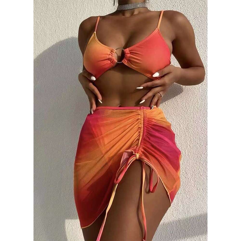 DHEssentials Custom New Tie Dye Sexy 3 Piece Bikini With Mesh Sarong Cover up Triangle Swimsuit Women Thong Swimwear