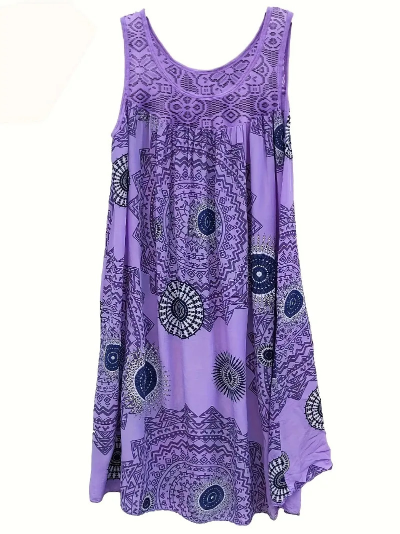 Plus Size 1XL-8XL Womens Sleeveless Dress Lace Panel Printing Sleeveless Large Hem Vest Dress 250520