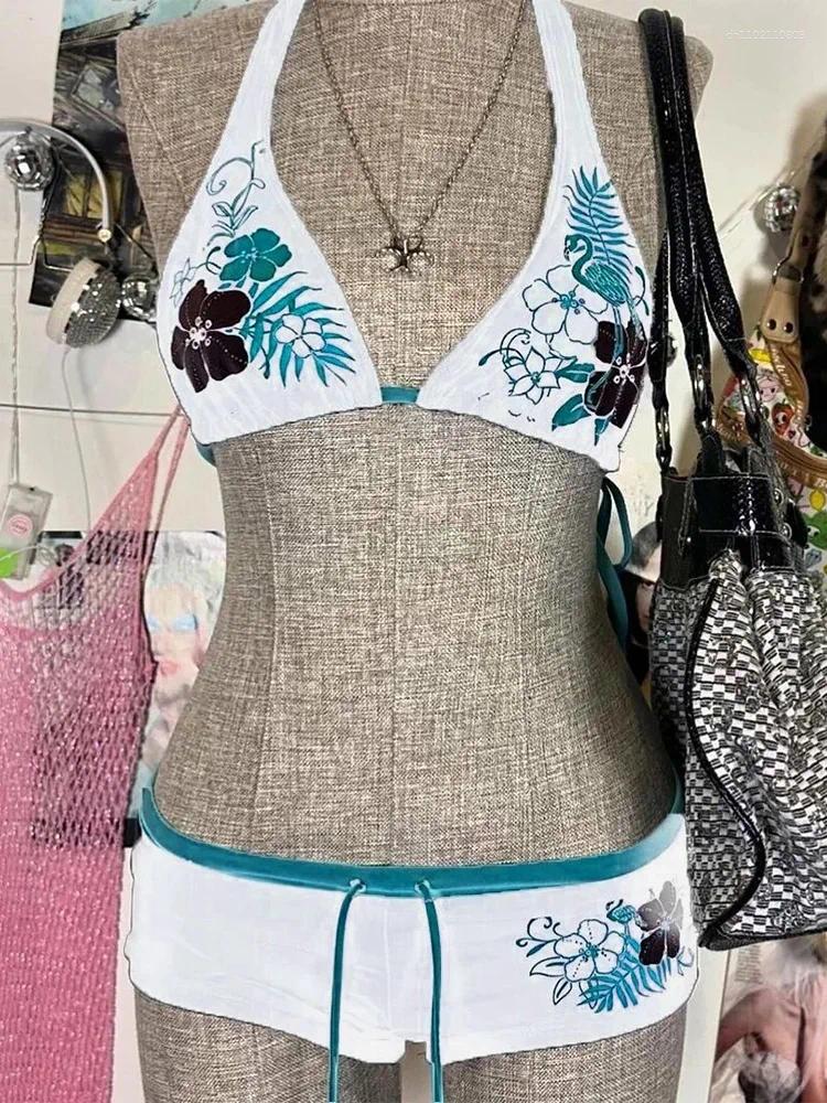 Women's Swimwear Vintage Flower Print Cutie Set Bikini 2000s Swimsuit Sexy Women Bathing Fashion Halter Strap High Street Beach Female