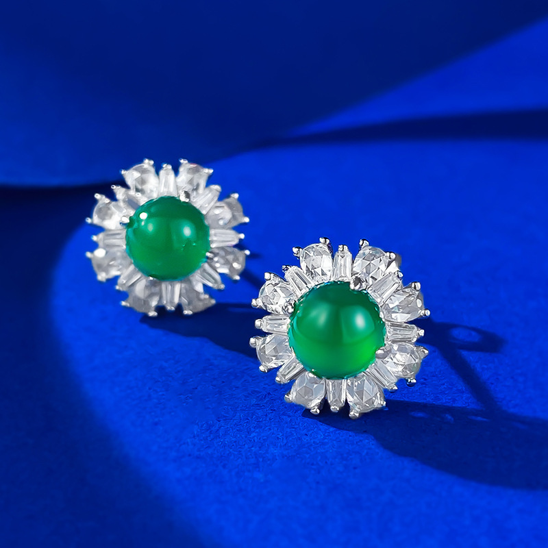 Elegant S925 Sterling Silver Stud Earrings with Green Chalcedony, Luxuriously Crafted Fashion Jewelry