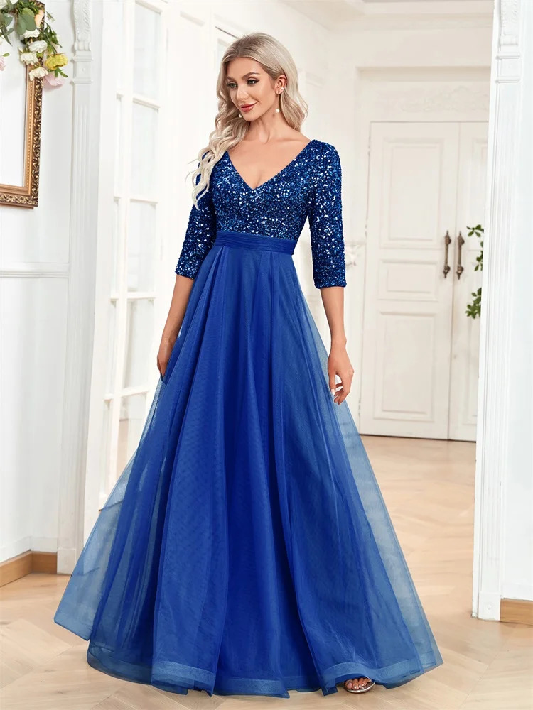 Floor Length V-Neck Evening Dress Women Elegant Party Maxi Dress Sequin Short Sleeves Prom Cocktail Gown 250520