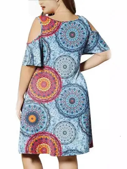 plus size womens round neck off-shoulder print large-size T-shirt dress woman 250520