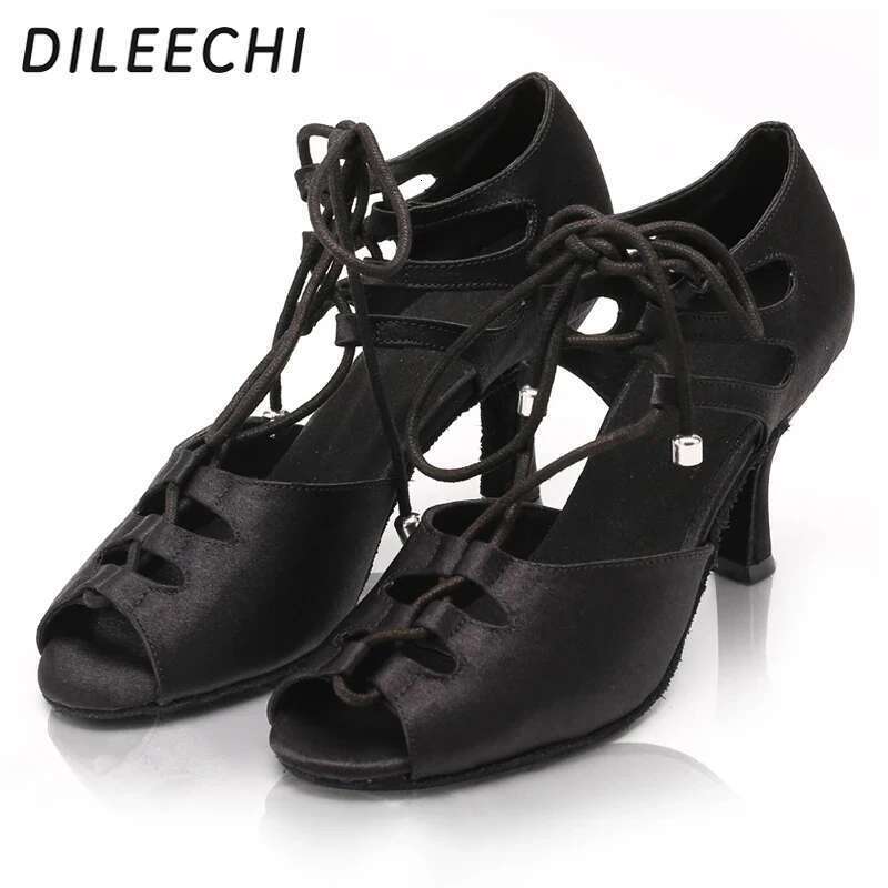 DILEECHI Black Satin Latin dance shoes Women Ballroom Dancing Shoes Wide/ Narrow Foot Salsa High-Heel Soft Outsole ust Width