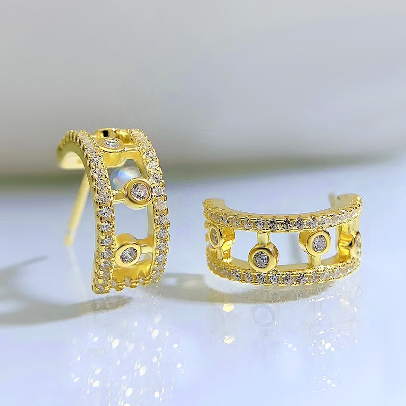 925 Sterling Silver Diamond-Studded Hollow Hoop Earrings, Vintage and Elegant Design for Women
