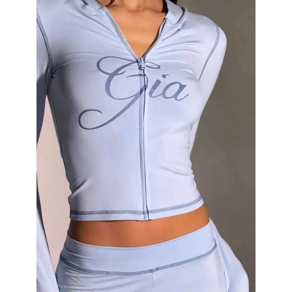 Iamgia Blue Cotton Zipper Hooded Long Sleeved High Stretch Top Low Waist Micro Flared Pants For Women 2024
