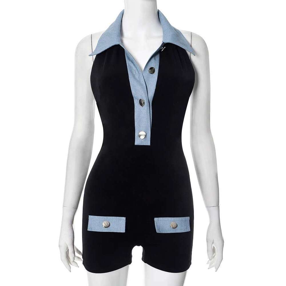 Weird Puss Denim Patchwork Rompers Women Halter Button Polo-Neck Backless Sleeveless Vacation Fashion Trend Skinny Playsuits