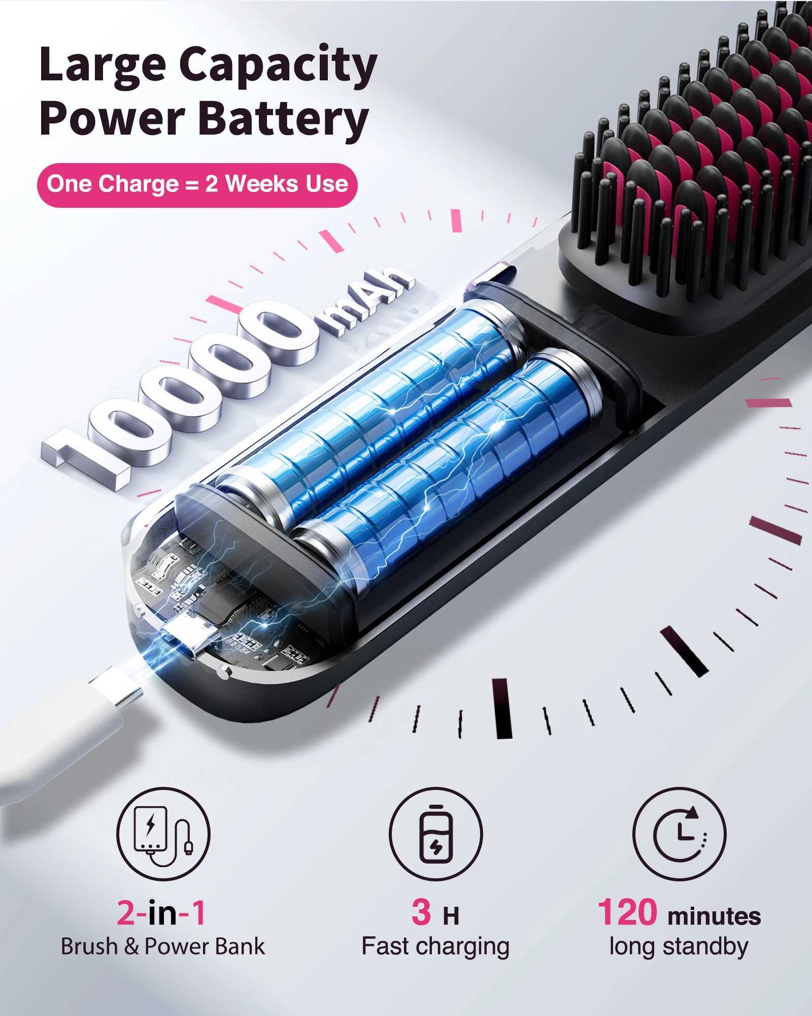 2-in-1 Cordless Straight Hair Comb Curler 10000mAh Battery Negative Ion USB Charging 30s Heat Up Travel-Friendly Styling Brush W250814