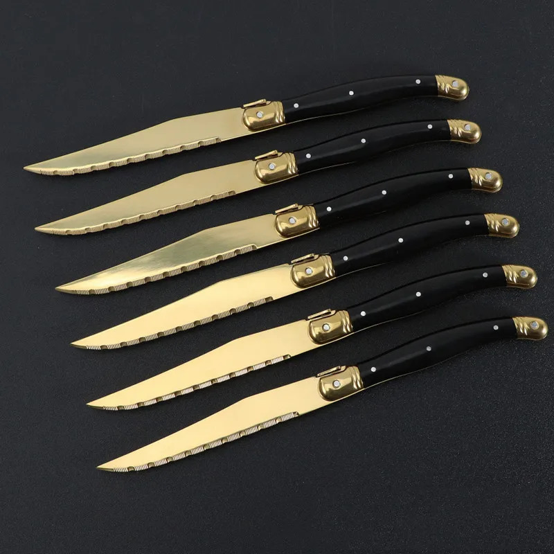 412Pcs 23CM 9inch Gold Plating Sharp Knives Laguiole Steak Dinnerware Sets Black Golden Dinner Knife Xmas Gift 250516q