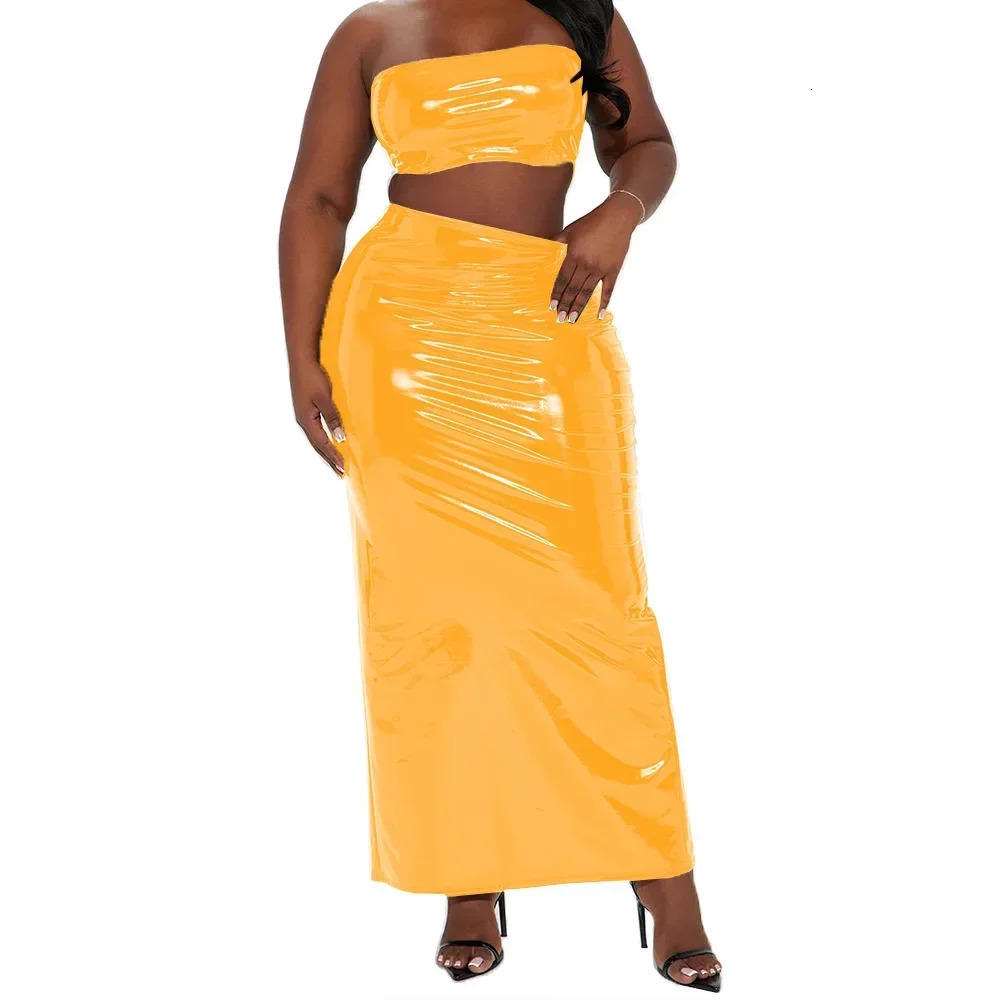 Plus Size Two Piece Sets Outifits Summer Strapless Crop Tops Sexy High Waist Long Skirt Casual Lady Party Daily Wear 250516Z