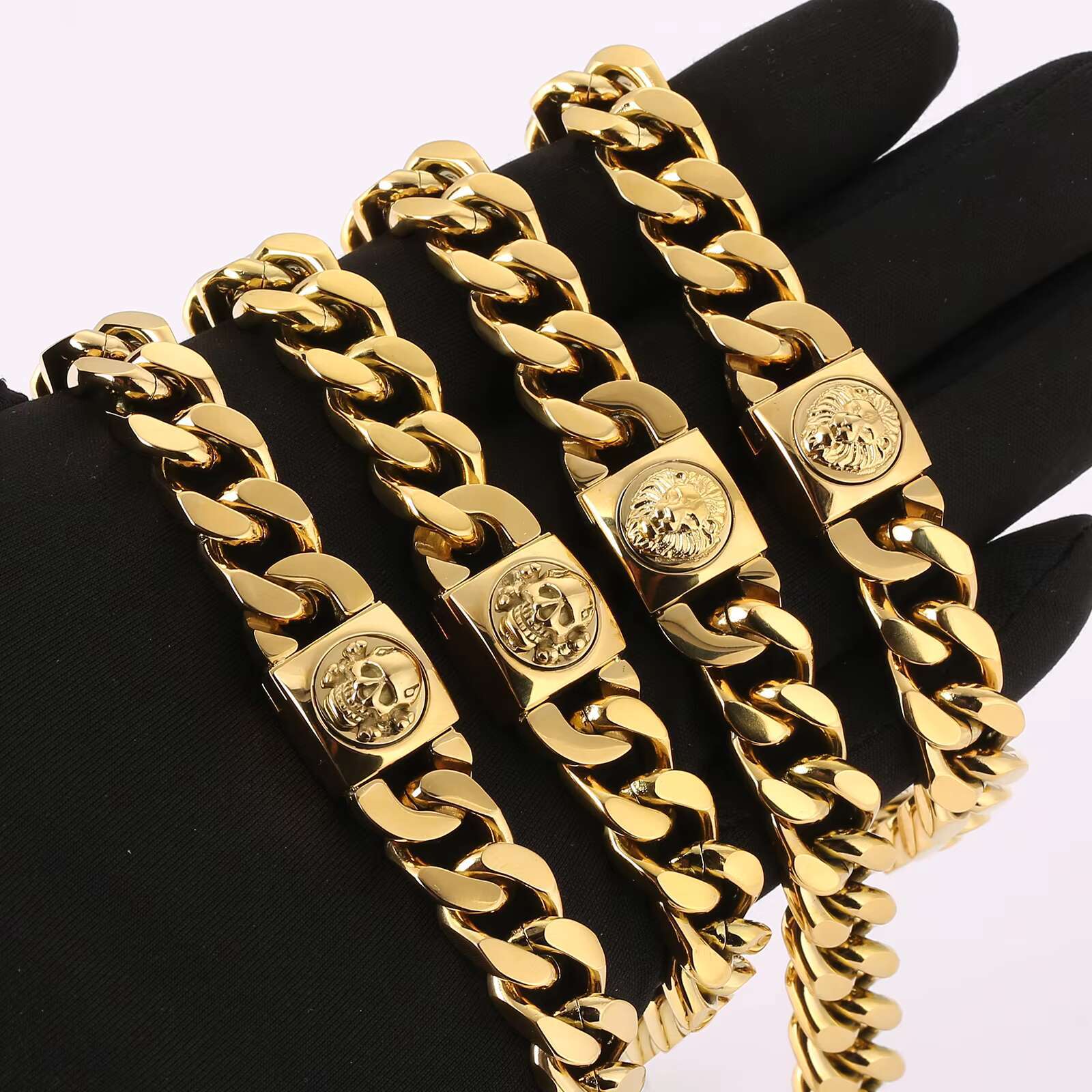Miami Big Thick Bracelet 18K Real Gold Plated Hip Hop Women Lion Clasp Stainless Steel Jewelry 12 mm Mens Cuban Link Bracelet