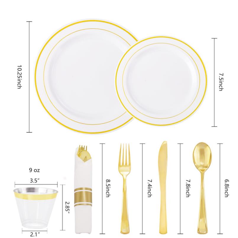 20PCS Plastic Dinnerware Set Guests Clear Gold Disposable Plates for Party Wedding Anniversary