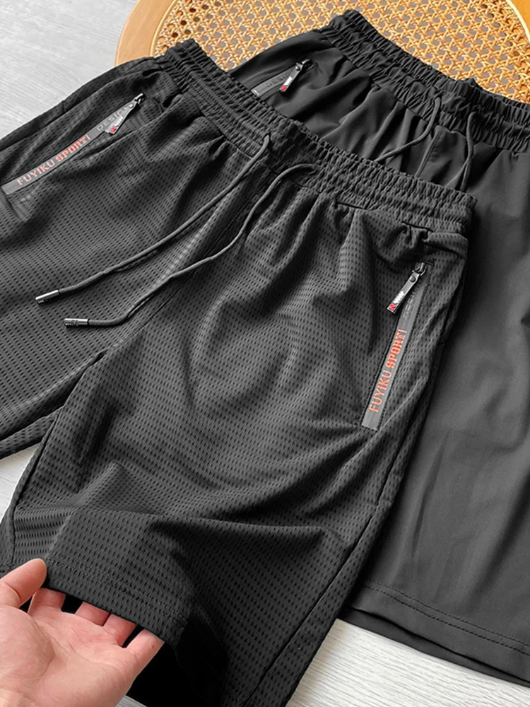 Summer Mens Shorts Breathable Mesh Stretch Ice Silk Gym Running Sports Loose Casual Shorts With Zip Pockets Big Size 8XL 9XL 250519