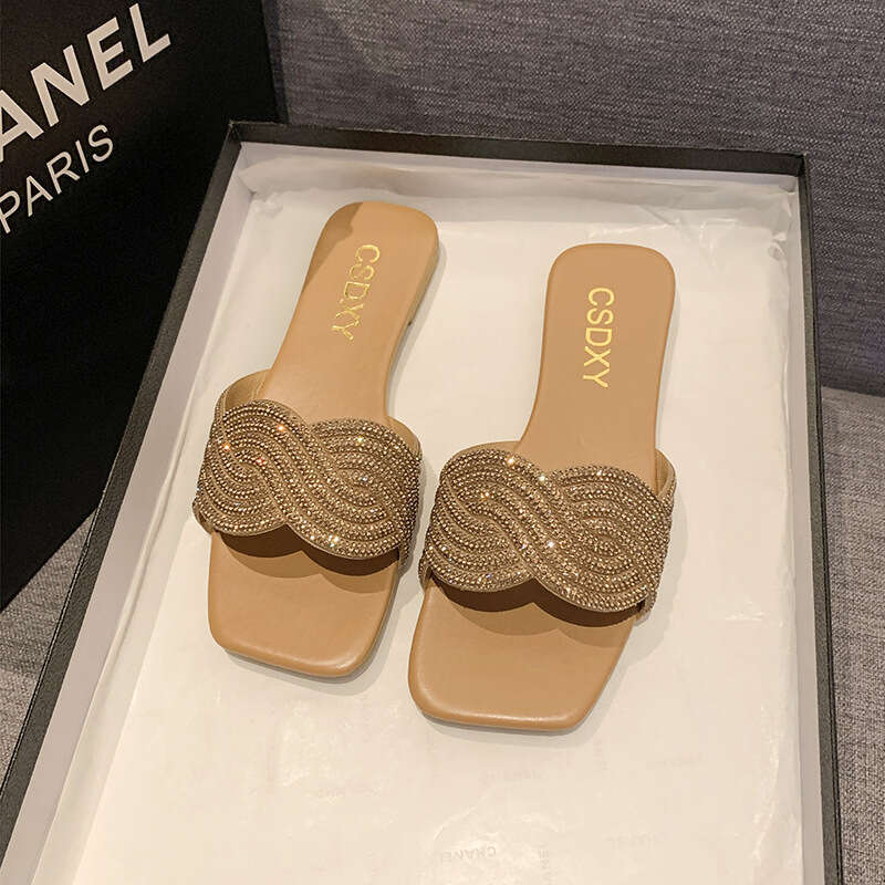 Large Size Women's Sandals With Water Ripple Shaped Straight Diamond Slippers, Designer Sandals For Summer 2025, New Home And Outdoor Lazy Slippe