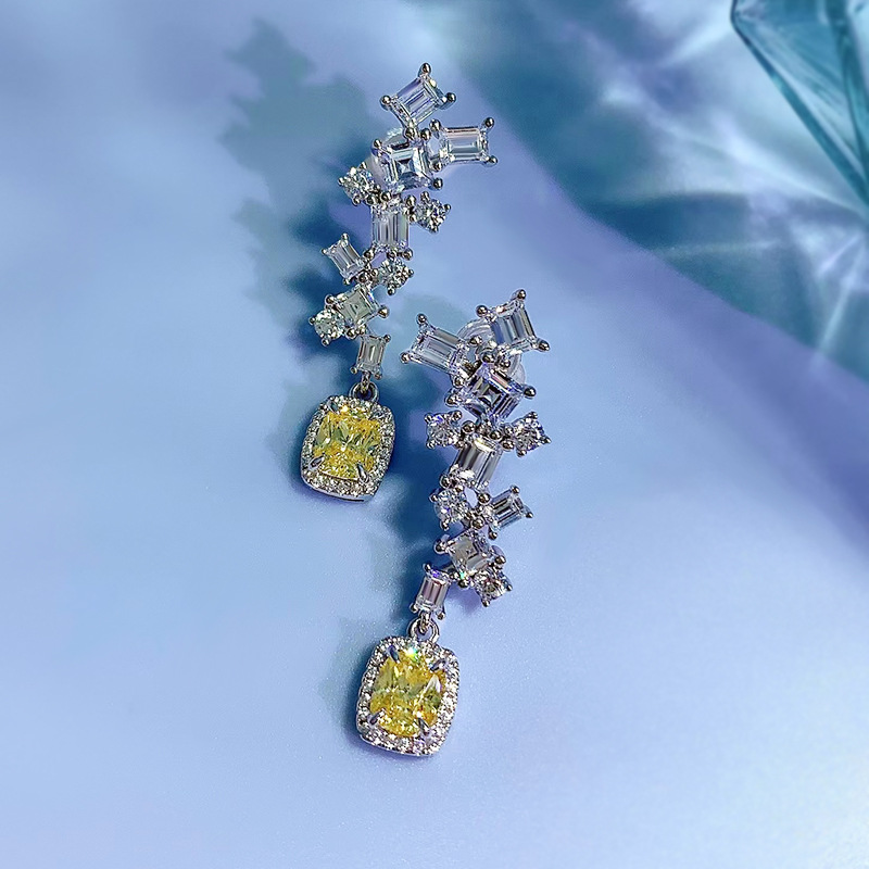 S925 Sterling Silver Long Drop Earrings with Yellow Simulated Diamond, Cushion Cut & Zirconia, Elegant Jewelry for Special Occasions