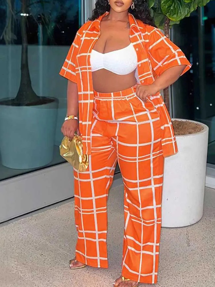 2 Piece Sets Woman Outfit Plus Size Summer Suit Plaid Cardigan Shirt and Trouser Casual Orange Pants Suits Elegant 250516Z