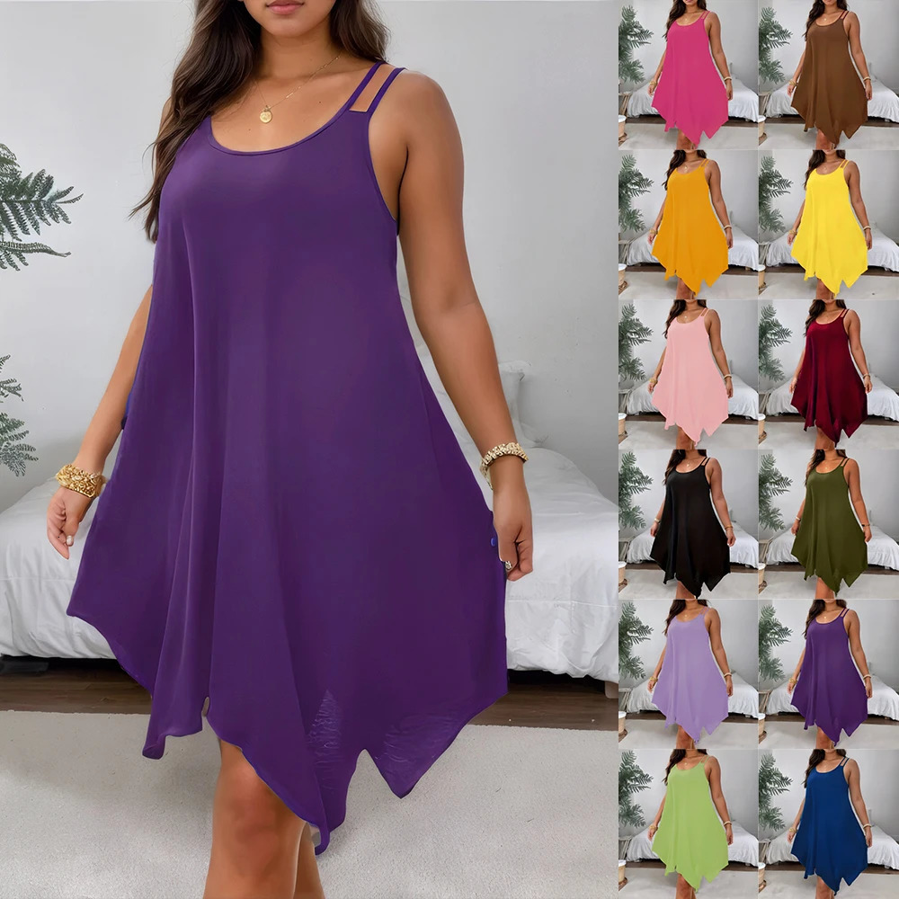 Plus Size Womens Solid Strappy Asymmetrical Hem T Shirt Midi Dress Ladies Sleeveless Casual Loose Summer Holiday Sundress XL-5XL 250520