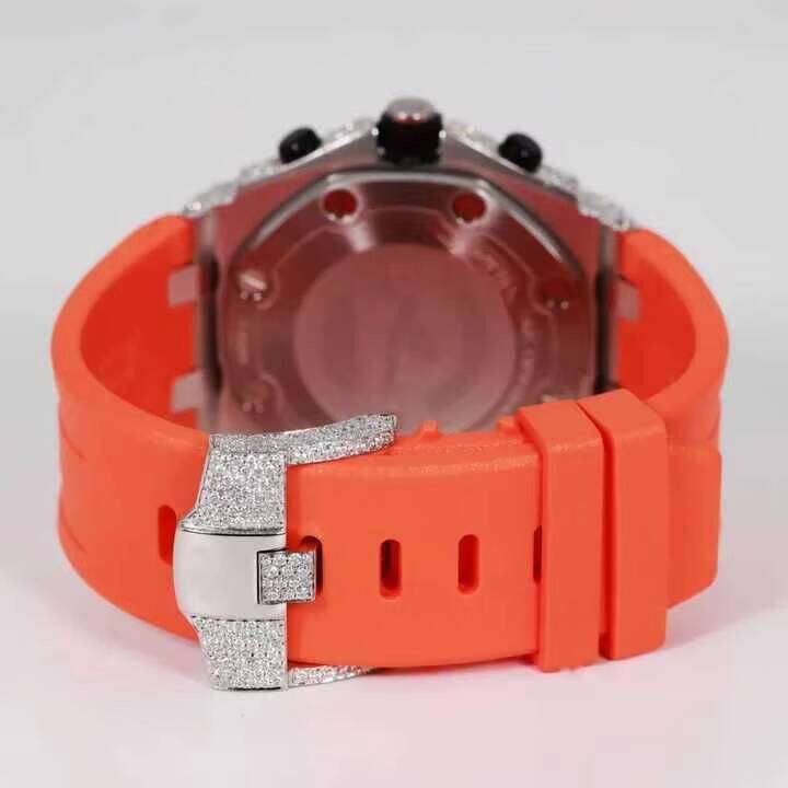 Luxury handmade stainless steel smartwatch with orange rubber strap VVS transparent silica simulated 41mm hip-hop movement
