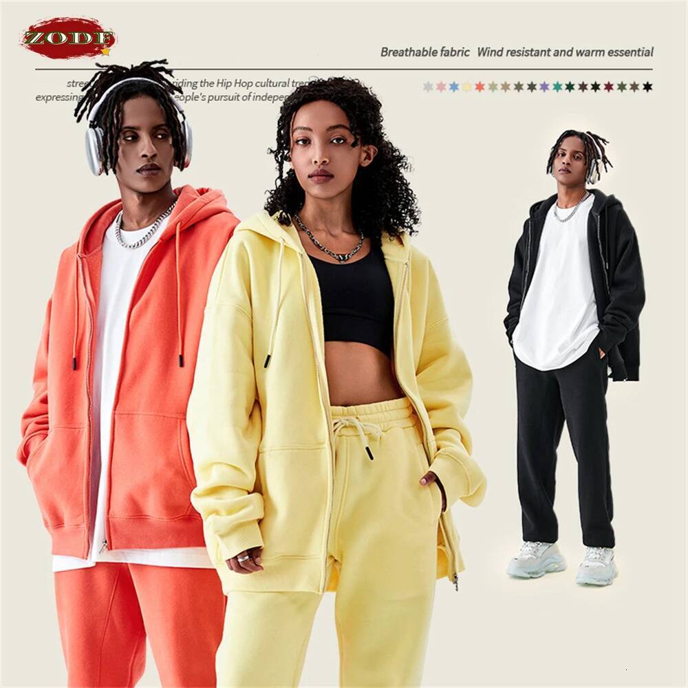 ZODF Basic Winter Men Fleece Zipper Hoodies Unisex Casual Loose 350Gsm Warm Solid Hooded Sweatshirts Coats 18 Colors Hy0726