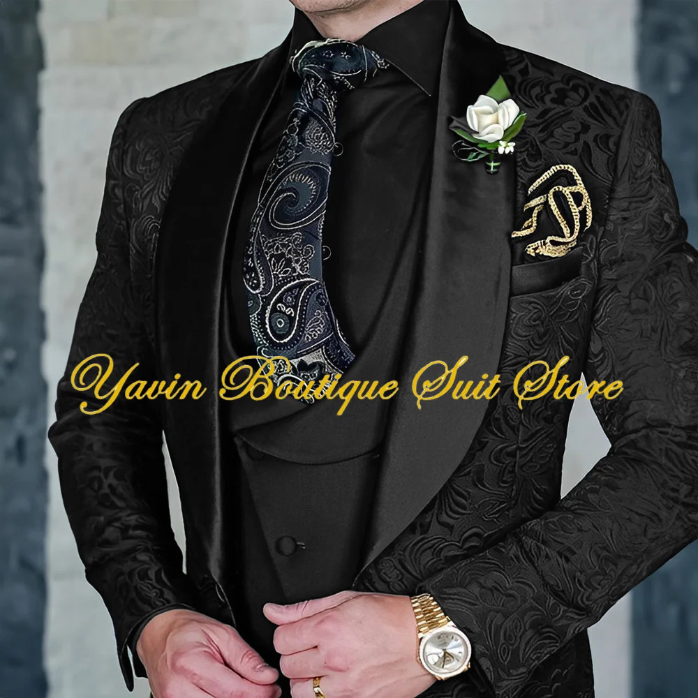 Jacquard Mens 3-piece Suit Set Floral Pattern Party Dress Formal Grooms Tuxedo Elegant Mens Blazer Customized Outfit 250517