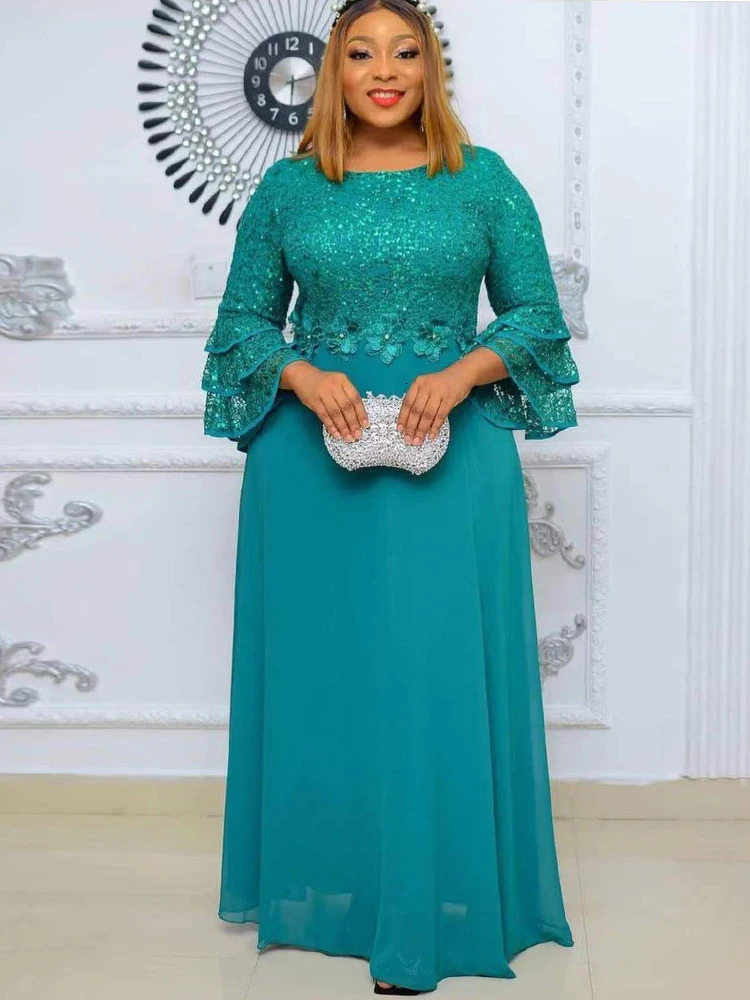 Elegant Women Evening Dresses Sequin Chiffon Long Dress African Dashiki Outfits Party Prom Birthday Gowns Female Clothing 250520