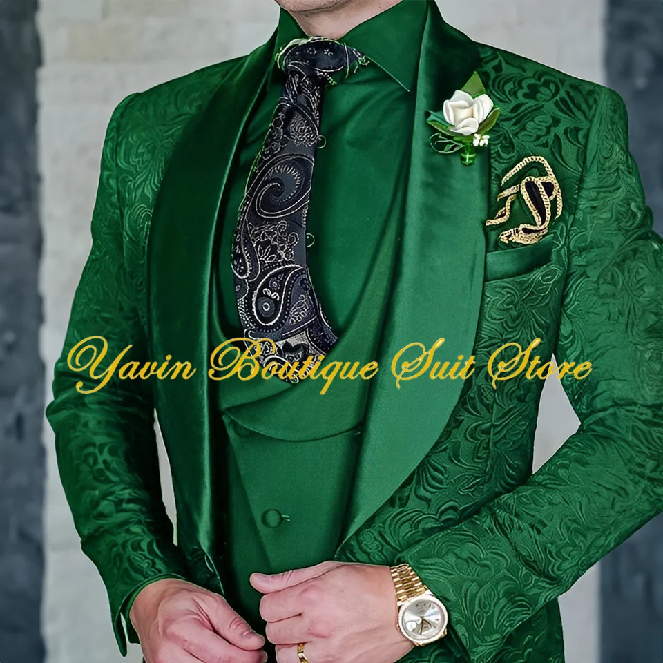 Jacquard Mens 3-piece Suit Set Floral Pattern Party Dress Formal Grooms Tuxedo Elegant Mens Blazer Customized Outfit 250517