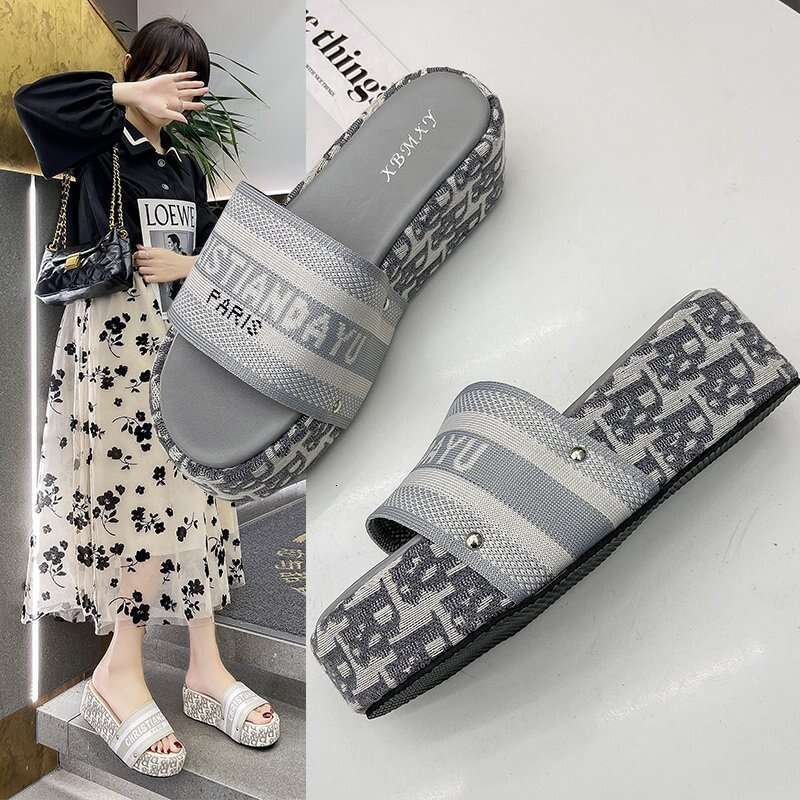 Fashion Letter Embroidery Thick Soled Slippers Designer Sandals For Spring And Summer New Products One Character Height Increase Outdoor Sandals For W