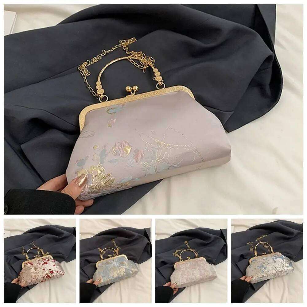 ddmy Clasp Frame Embroidery Chinese Style Handbag Purse Print Chain Shoulder Pouch Nylon Large Capacity Ladies Clutch Bag