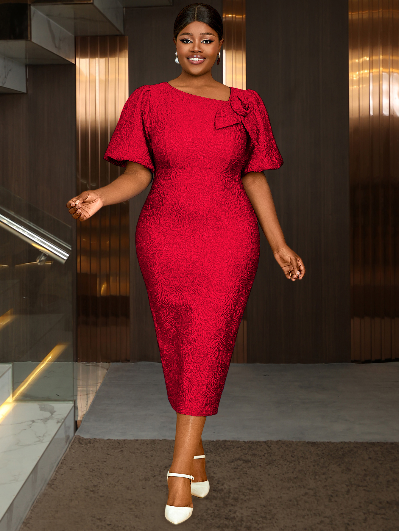 Elegant Women Plus Size Career Slimmer Dress Big Size Rose Jacquard Oblique Collar Short Puff Sleeves Wear AM050130