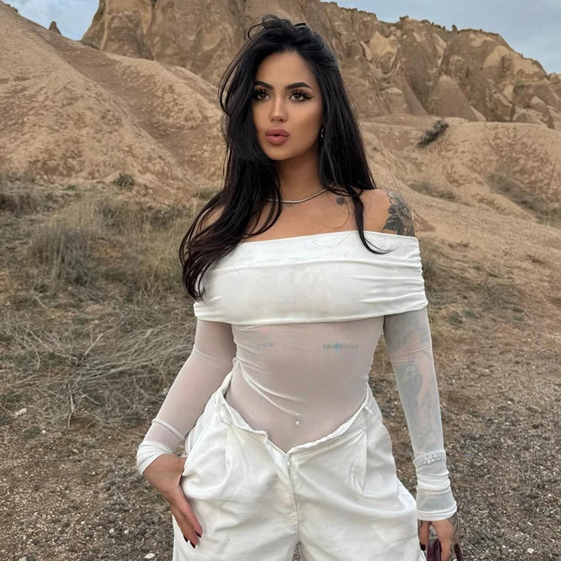 CUTENOVA Mesh Sheer See Through T-Shirts Crop Tops Summer Party Clubwear Women Sexy Slash Neck Off Shoulder Ruched Tees Shirts 250516