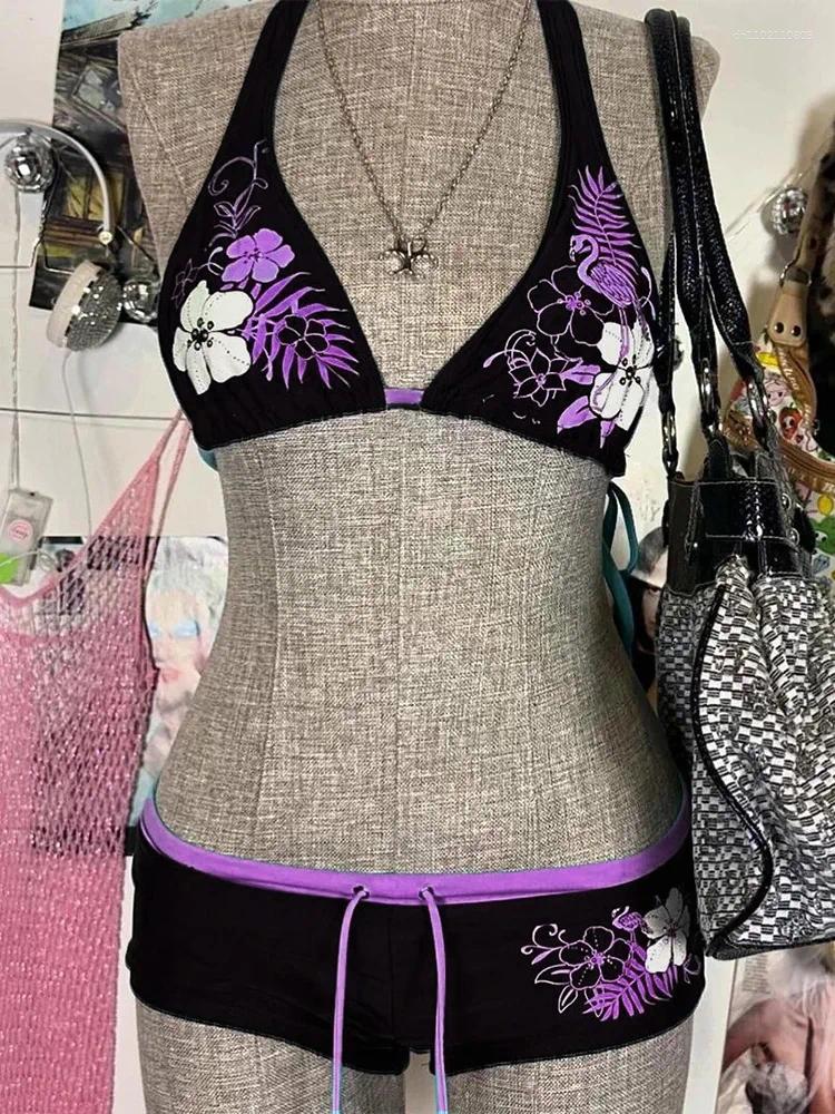 Women's Swimwear Vintage Flower Print Cutie Set Bikini 2000s Swimsuit Sexy Women Bathing Fashion Halter Strap High Street Beach Female