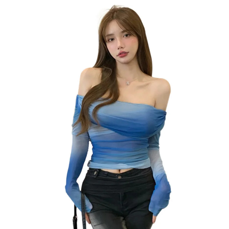 Women Sexy Crop T-shirts Ruffles Mesh Patchwork Long Sleeve Tops Korean Style Slim Blouse Top Lady Autumn Off Shoulder Tops 250516