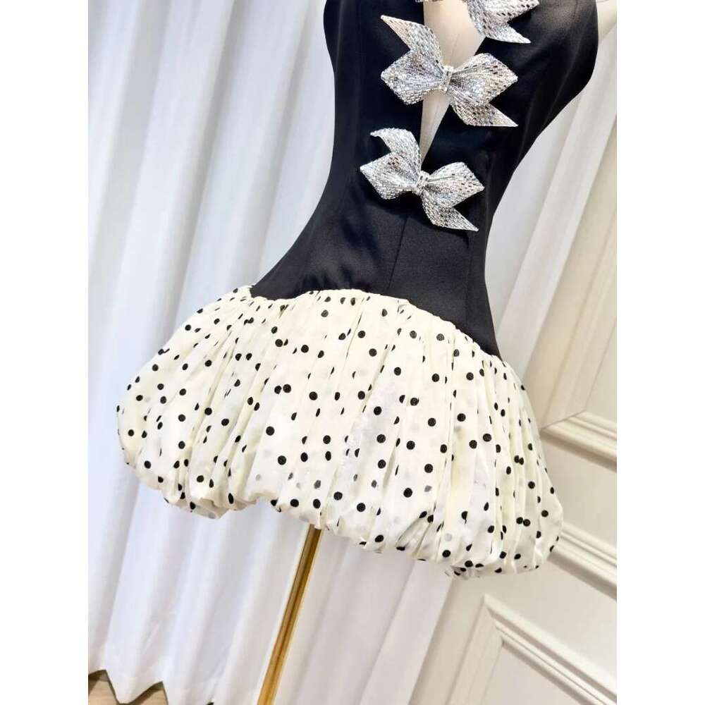 Temperament Chic Spliced Bowknot Slimmng Dresses For Women Deep V Neck Sleeveless High Waist Dot Camisole Dress Female New