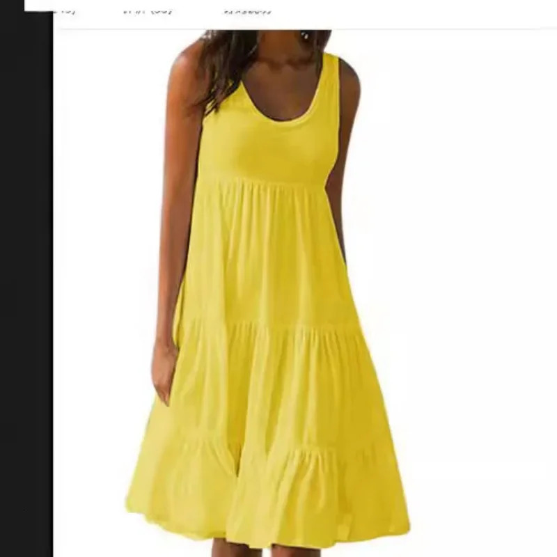 Bohemian Womens Casual O Neck Sleeveless Ruffle Mini Dress Solid Color Beach Tank Top Oversized Loose Dress Plus Size Women3029 250519