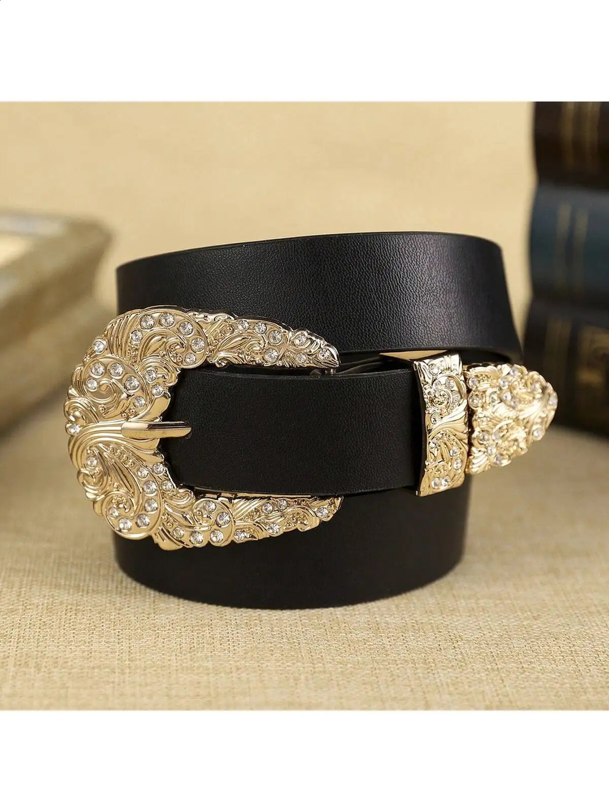1 womens black belt gold alloy buckle belt bohemian atmosphere simple fashion wear trendy clothing suitable for daily use 250519