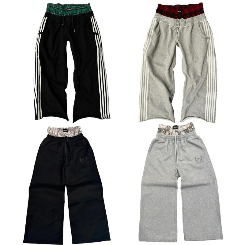 Y2K Casual Sweatpants Double Waist Checkered Camouflage Striped Side Splicing Wide Leg Pants American Style Trendy Streetwear 250513