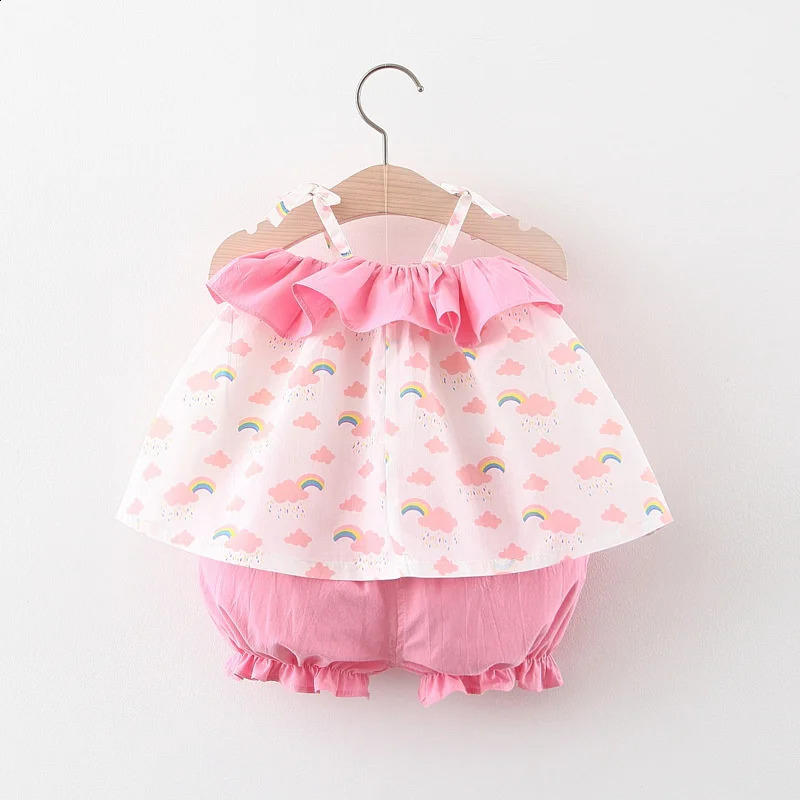 Summer 2piece set for girls baby top and shorts girl solid color lace cartoon rainbow cloud print suspender 250517z