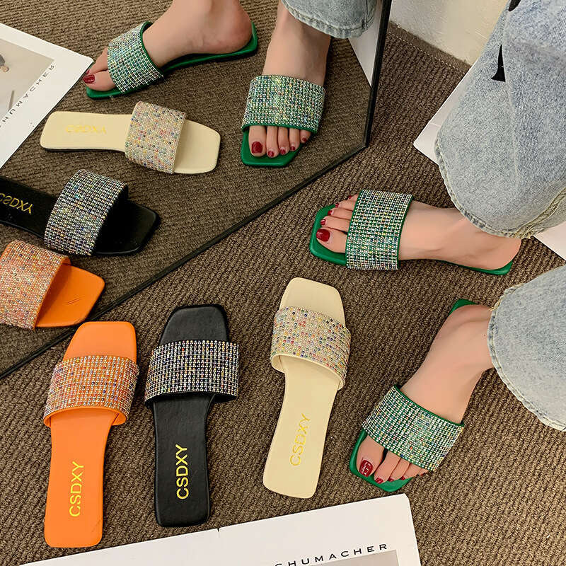 Designer Sandals, Colorful Rhinestone Flat Slippers 2025 Spring And Summer Candy Colored Outdoor Casual Wear Resistant Slippers Women's Trendy Sh