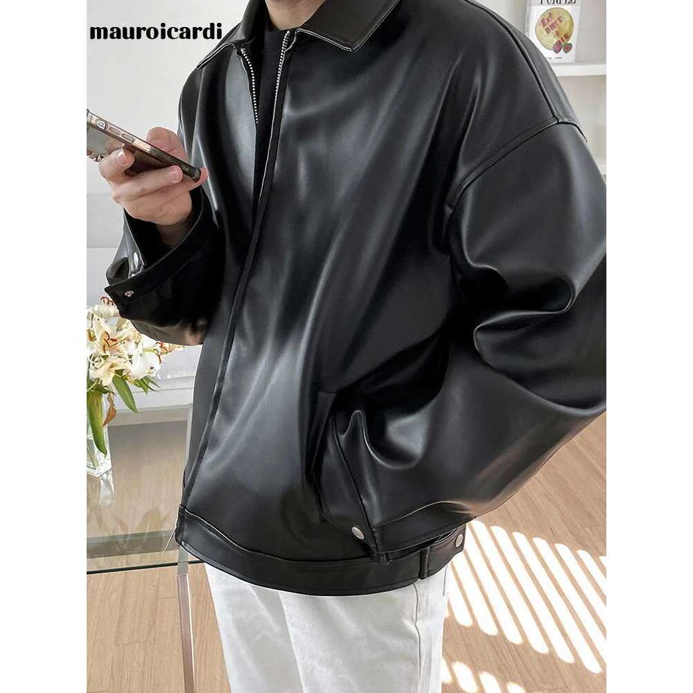 Mauroicardi Spring Autumn Cool Short Black Soft Light Pu Leather Jacket Men Zipper Casual Mens Jackets And Coats Fashion 250524