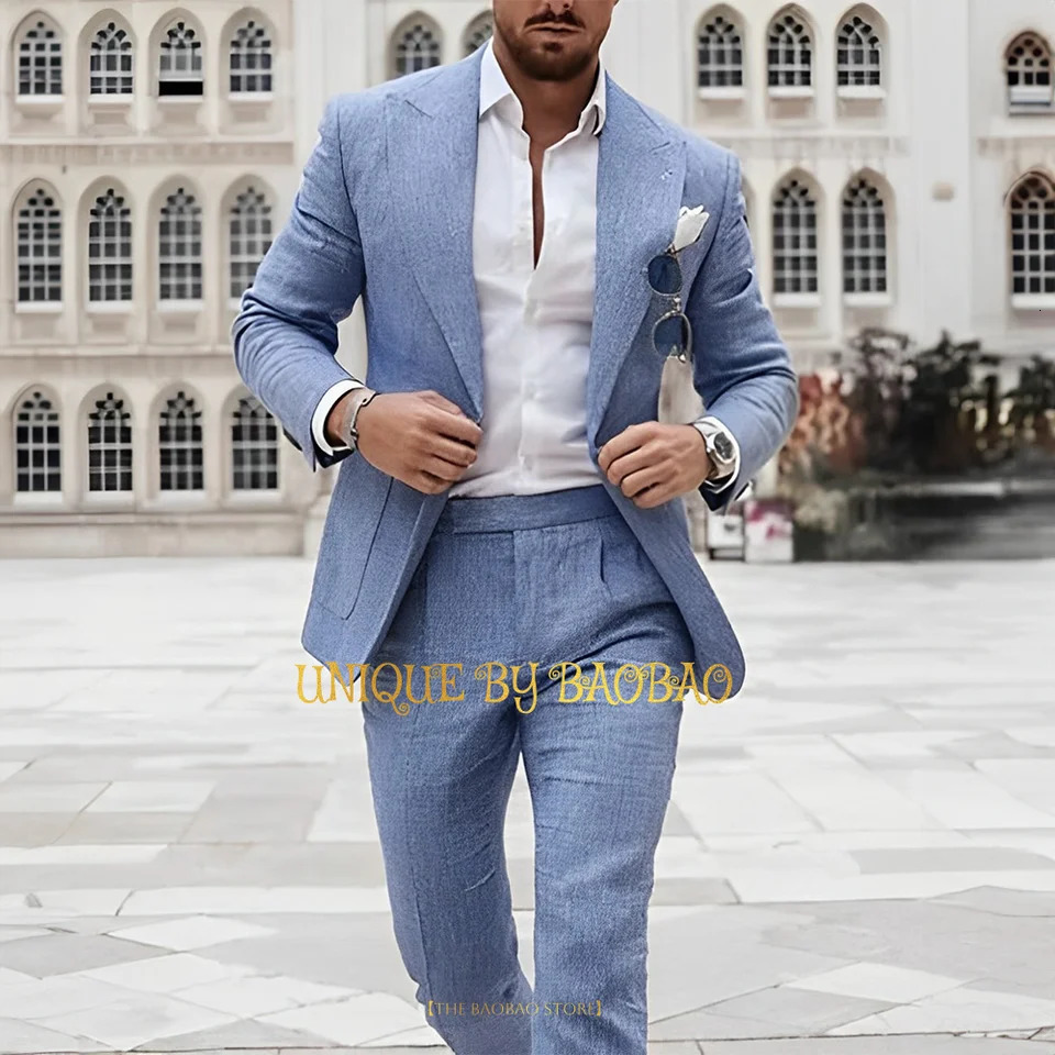 Summer Mens Linen Suit 2 Pieces JacketPants Slim Fit Wedding Groomsmen Banquet Dating Cocktail Prom Party Custom Tuxedo 250516