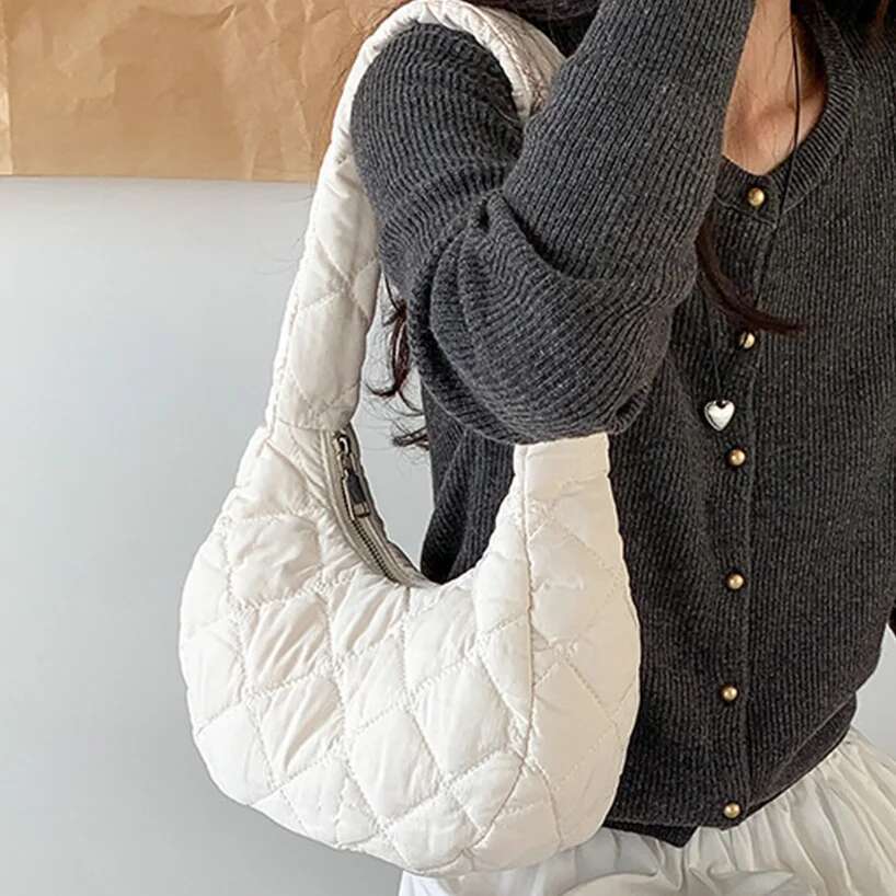 Women's Puffy Cotton Shoulder Bags Autumn&Winter Quilted Padded Tote Handbag Ladies Puffer Underarm Nylon Small Crescent Bag
